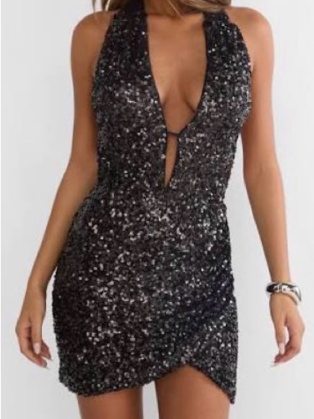emory park Black Sequin Plunge Halter Mini Dress